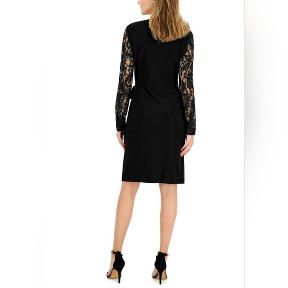 Anne Klein Womens Black Knit Lace Sleeves Midi Cocktail and Party Dress EUC - Picture 5 of 12